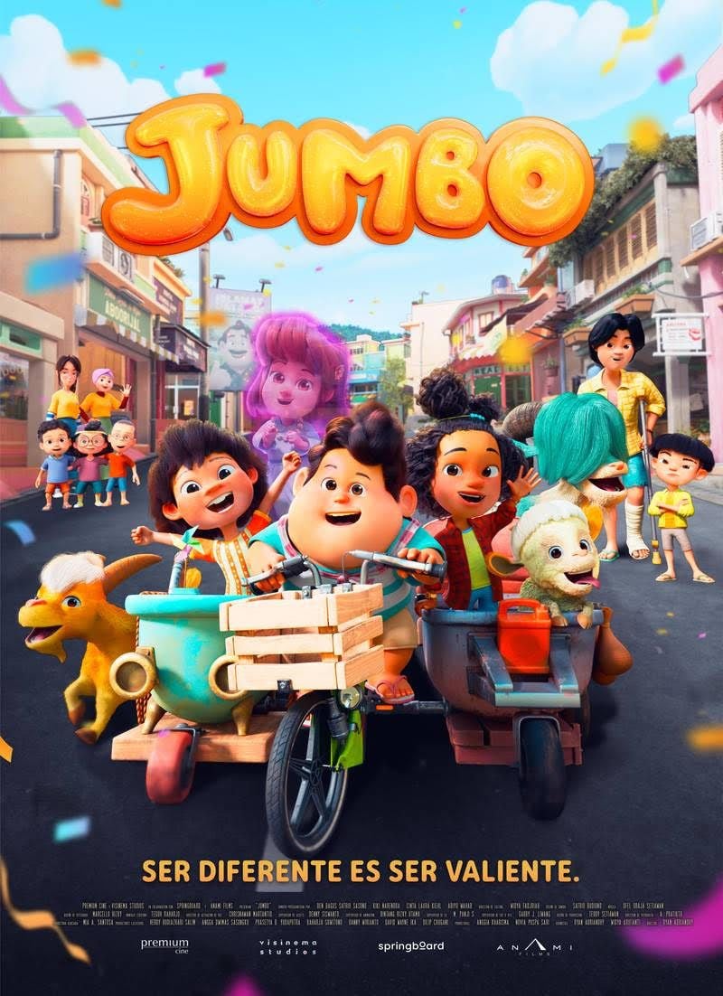 Cartel promocional de la película animada Jumbo, que aborda el tema del bullying con un enfoque de comedia dramática.