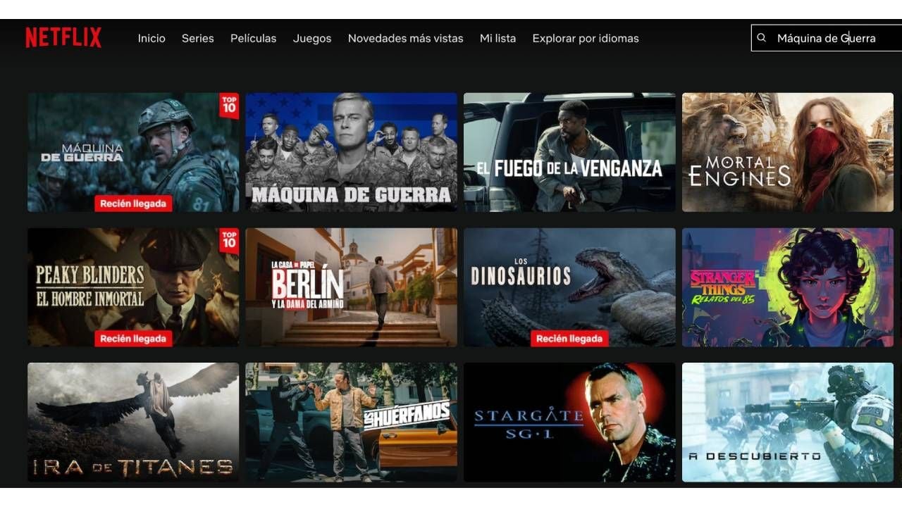 Los dos primeros resultados en el buscador de Netflix para 'Máquina de Guerra' son la película de Ritchson y la de Pitt
