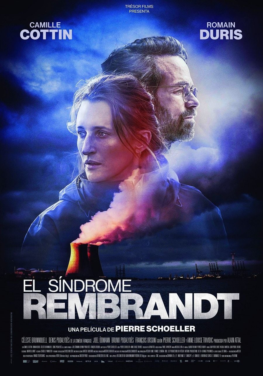 Cartel de la película El síndrome Rembrandt con los actores Camille Cottin y Romain Duris posando frente a un cuadro de Rembrandt