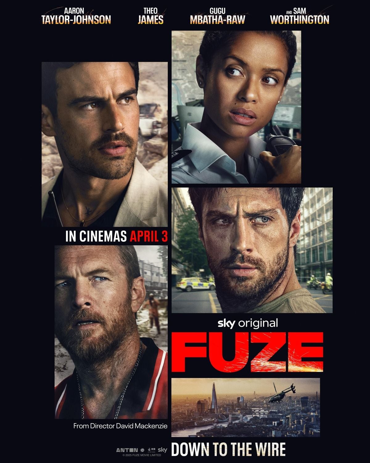 Cartel promocional de la película Fuze, mostrando una escena de tensión y caos en Londres, con elementos de explosión o emergencia.