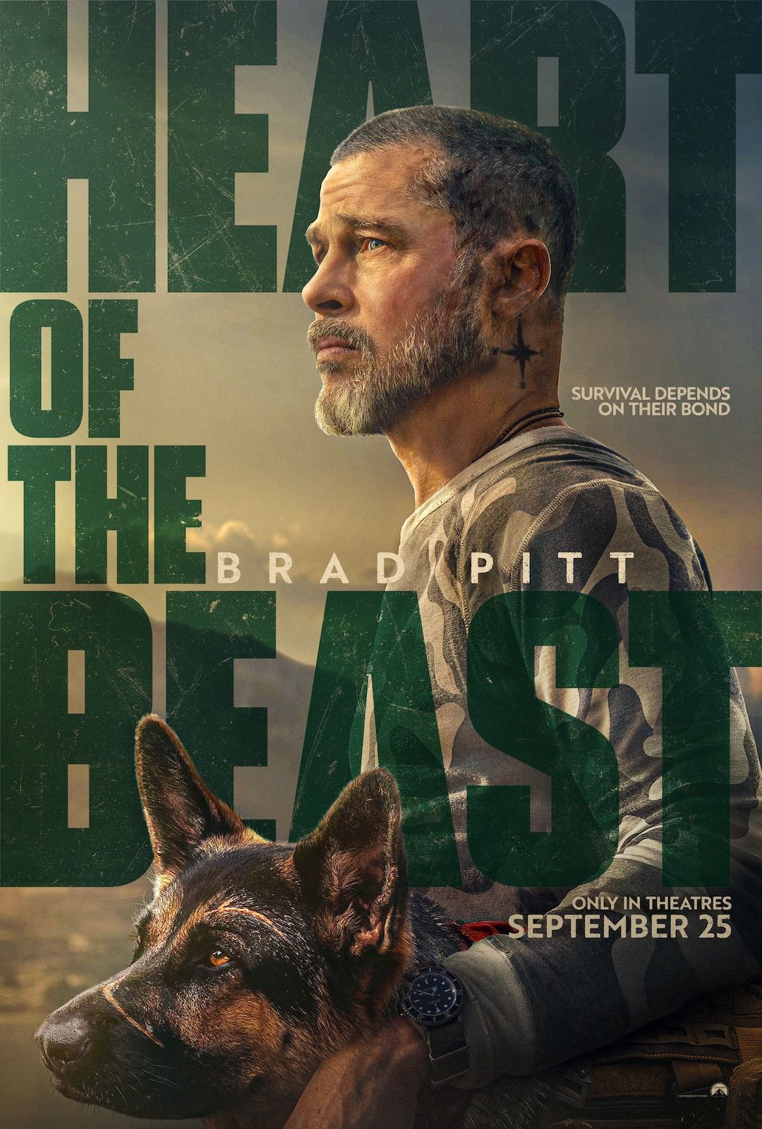 Brad Pitt y un perro militar luchando por sobrevivir en los paisajes gélidos de Alaska en la película 'En el corazón de la bestia'.