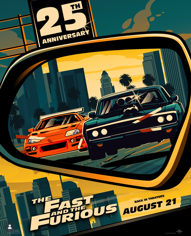 Imagen promocional de The Fast and the Furious (A todo gas) con Vin Diesel y Paul Walker junto a coches deportivos.