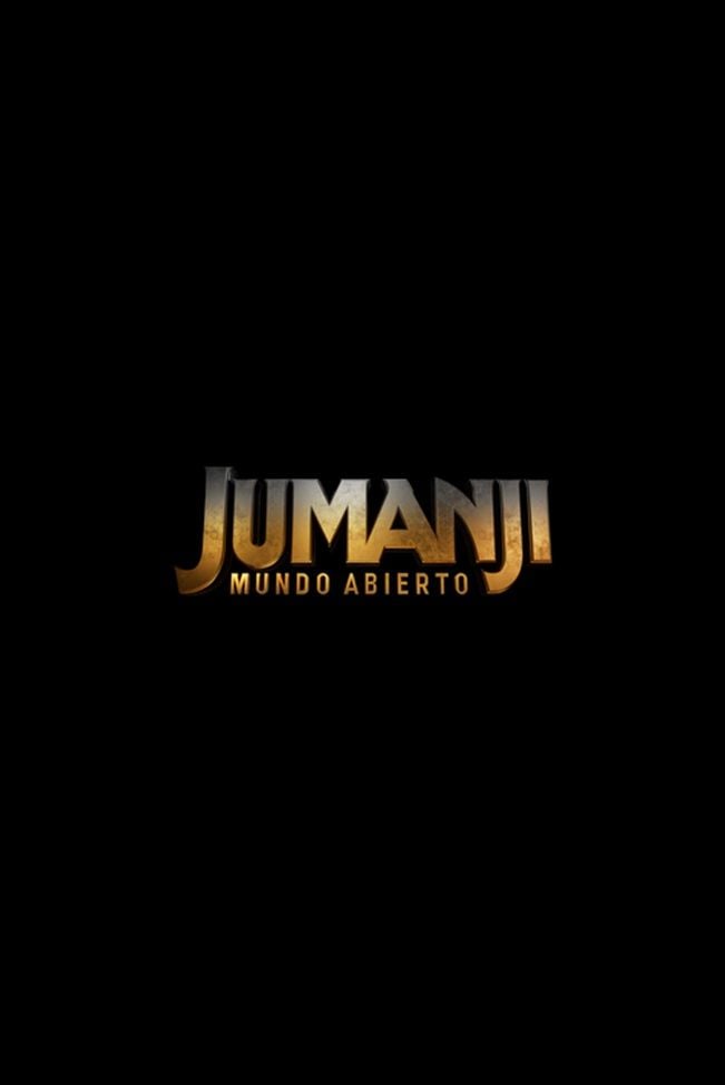 Cartel de Jumanji: Mundo abierto con Dwayne Johnson y Jack Black en primer plano, rodeados de animales salvajes y elementos de aventura.