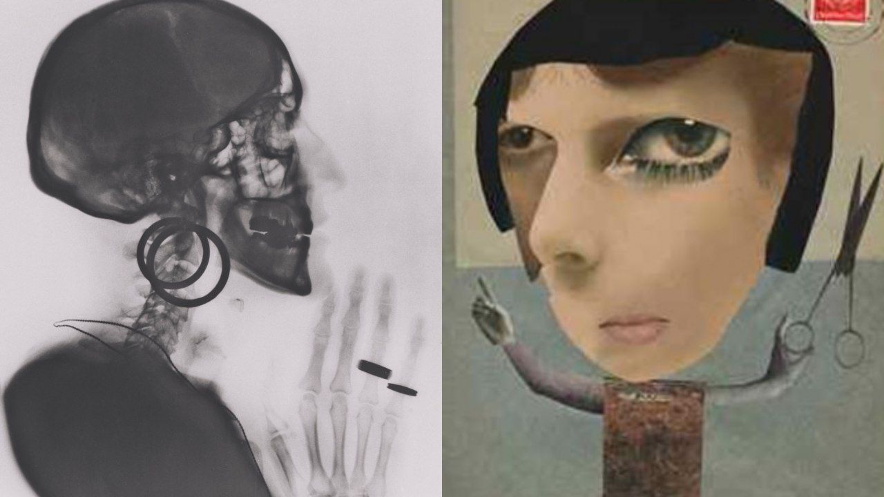 A la izquierda, una composición de rayos X de Meret Opphenheimer. A la derecha, una obra de Hannah Höch.