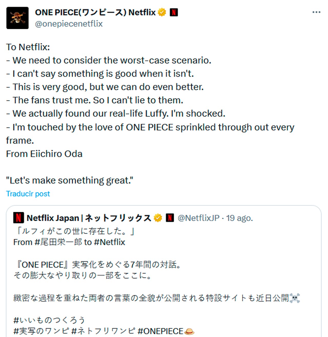 📢 Comunicação de Eiichiro Oda e Netflix sobre o Live Action de One Pi
