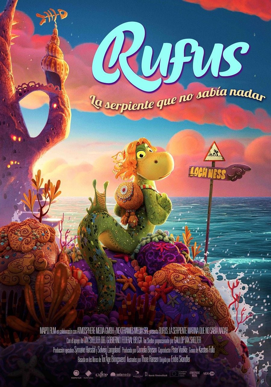 Cartel de la película Rufus mostrando al protagonista, un pequeño reptil acuático con expresión decidida, en un entorno submarino mágico con criaturas híbridas